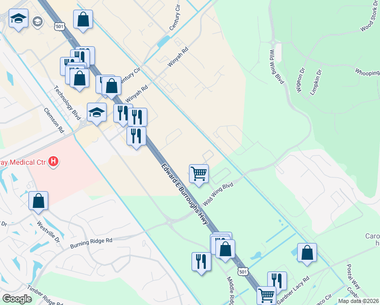 map of restaurants, bars, coffee shops, grocery stores, and more near 2501 U.S. 501 in Conway