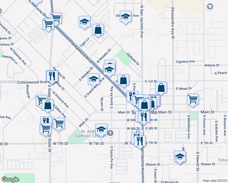 map of restaurants, bars, coffee shops, grocery stores, and more near 165 South Santa Fe Avenue in San Jacinto