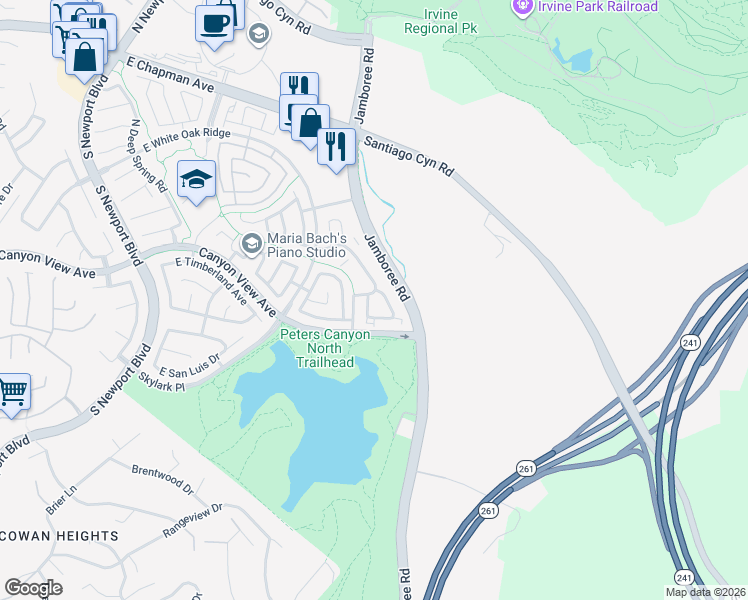 map of restaurants, bars, coffee shops, grocery stores, and more near 211 South Grisly Canyon Drive in Orange