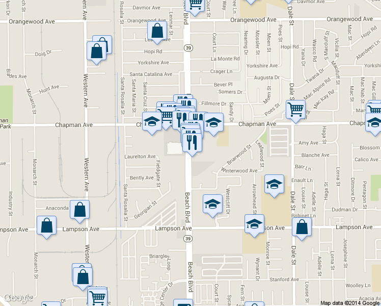 map of restaurants, bars, coffee shops, grocery stores, and more near 12120 State Route 39 in Stanton