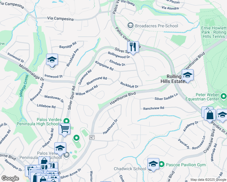 map of restaurants, bars, coffee shops, grocery stores, and more near 5048 Foxpoint Lane in Rolling Hills Estates