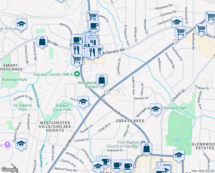 map of restaurants, bars, coffee shops, grocery stores, and more near 942 Scott Boulevard in Decatur