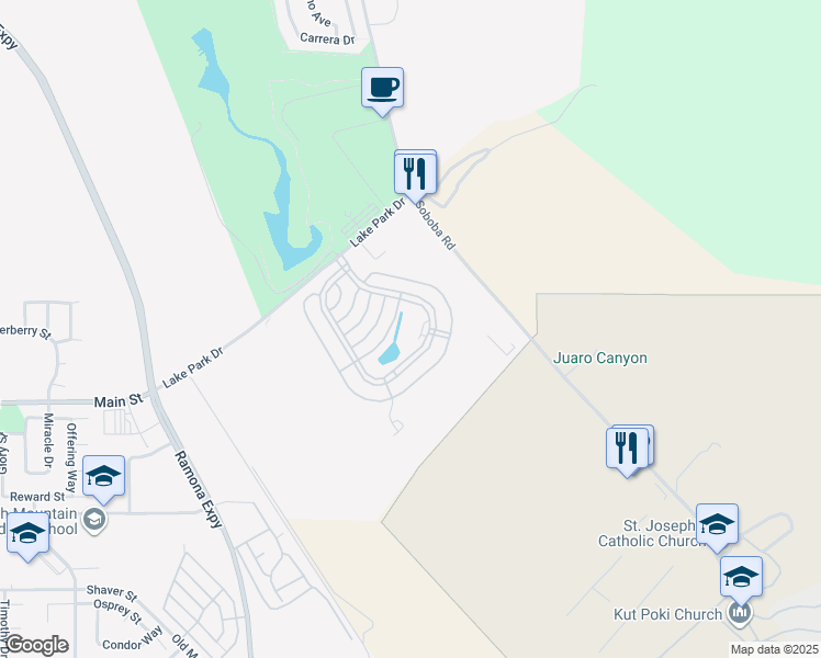 map of restaurants, bars, coffee shops, grocery stores, and more near Soboba Springs Dr in San Jacinto