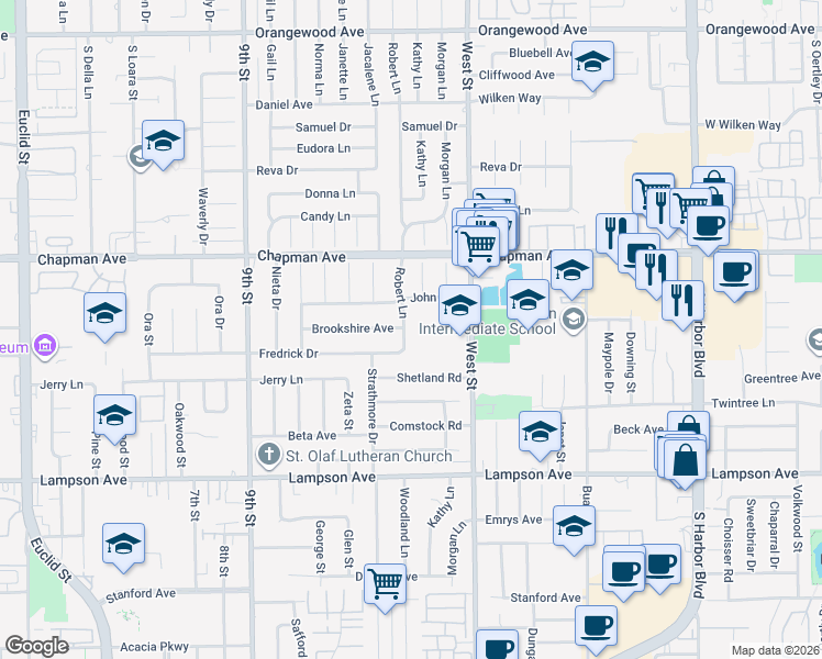 map of restaurants, bars, coffee shops, grocery stores, and more near 12192 Robert Lane in Garden Grove