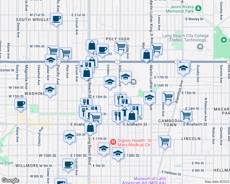 map of restaurants, bars, coffee shops, grocery stores, and more near 1574 Linden Avenue in Long Beach