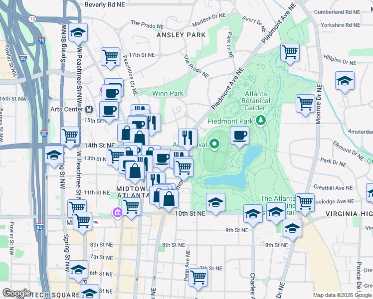 map of restaurants, bars, coffee shops, grocery stores, and more near 1181 Piedmont Avenue Northeast in Atlanta