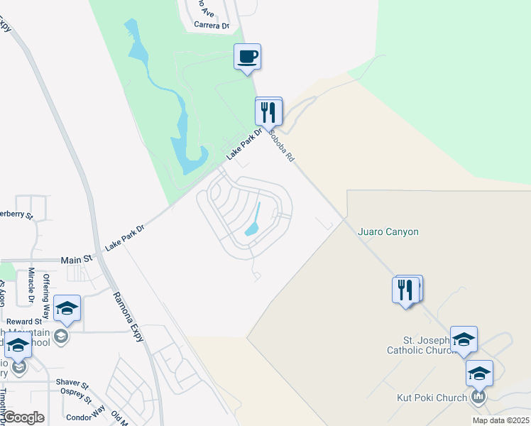 map of restaurants, bars, coffee shops, grocery stores, and more near 2230 Lake Park Drive in San Jacinto