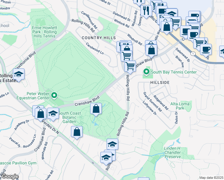 map of restaurants, bars, coffee shops, grocery stores, and more near 3623 West Hidden Lane in Rolling Hills Estates