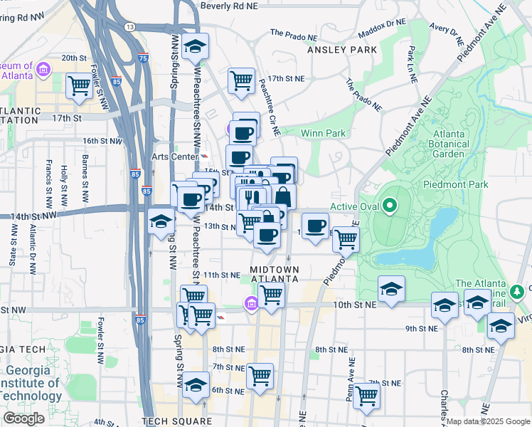 map of restaurants, bars, coffee shops, grocery stores, and more near 1170 Peachtree Street Northeast in Atlanta