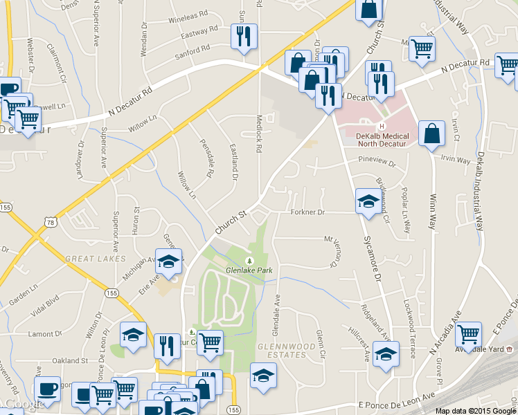 map of restaurants, bars, coffee shops, grocery stores, and more near 217 Knob Hills Circle in Decatur