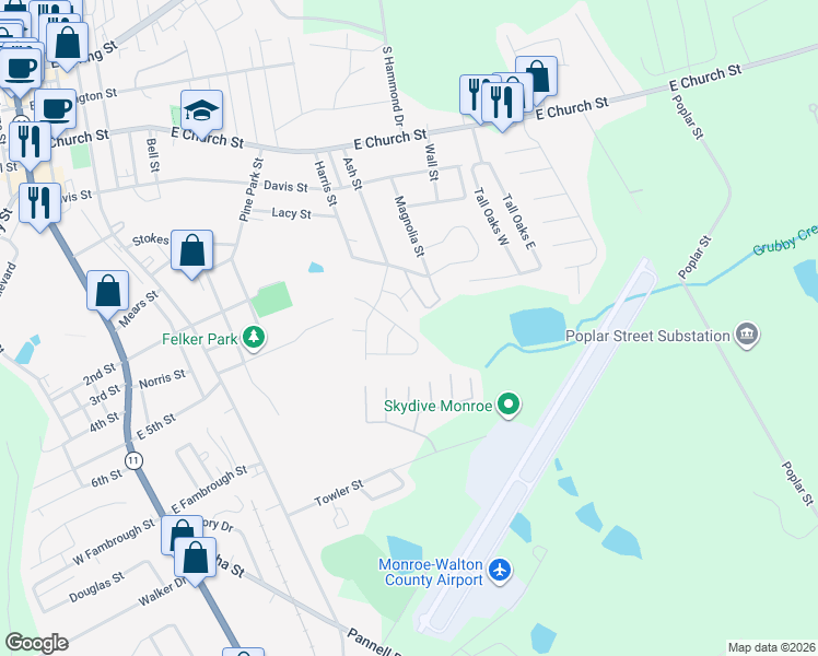 map of restaurants, bars, coffee shops, grocery stores, and more near 721 West Creek Circle in Monroe