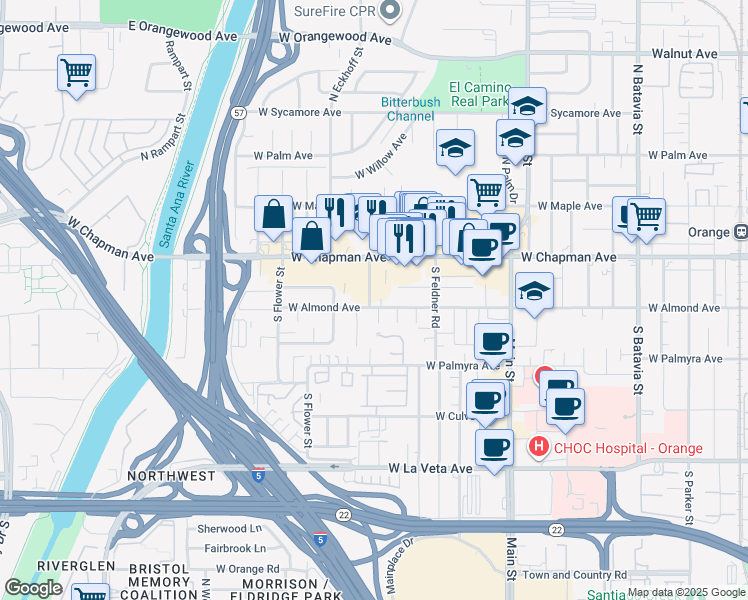 map of restaurants, bars, coffee shops, grocery stores, and more near 1915 West Almond Avenue in Orange