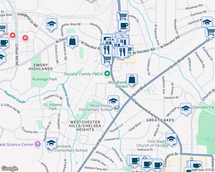 map of restaurants, bars, coffee shops, grocery stores, and more near 120 Harold Byrd Drive in Decatur