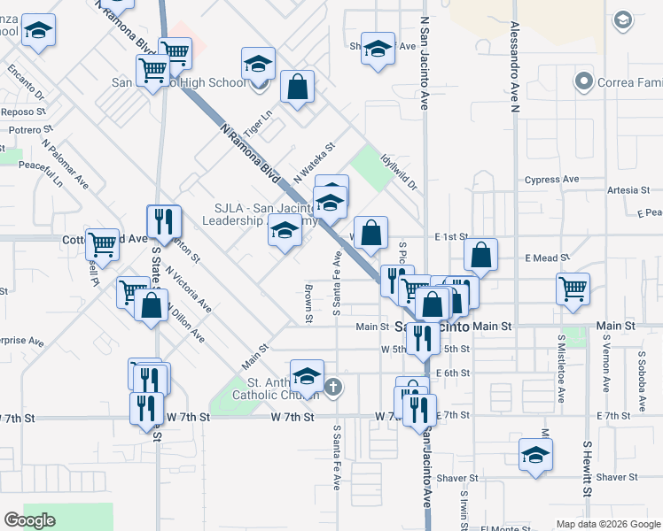 map of restaurants, bars, coffee shops, grocery stores, and more near 164 South Santa Fe Avenue in San Jacinto