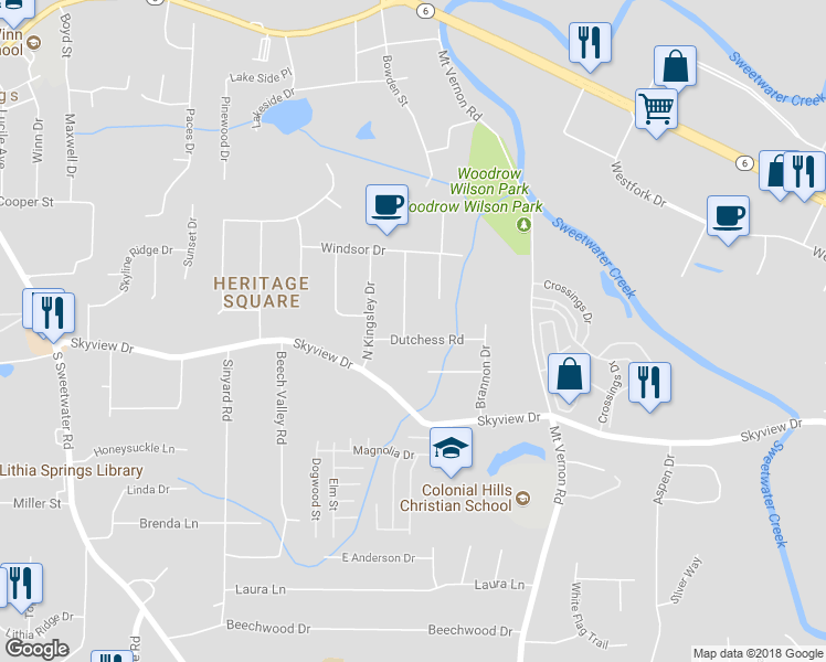 map of restaurants, bars, coffee shops, grocery stores, and more near 682 Kingswood Court in Lithia Springs