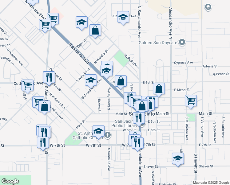 map of restaurants, bars, coffee shops, grocery stores, and more near 375 2nd Street West in San Jacinto