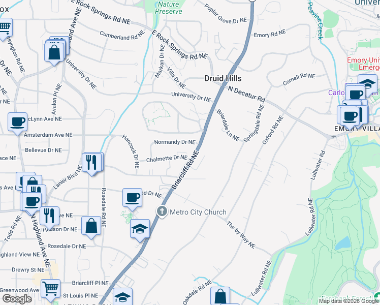 map of restaurants, bars, coffee shops, grocery stores, and more near 1151 Briarcliff Road Northeast in Atlanta