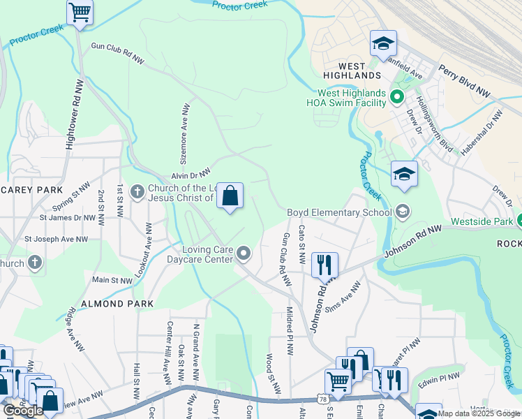 map of restaurants, bars, coffee shops, grocery stores, and more near 1033 Hollywood Road Northwest in Atlanta