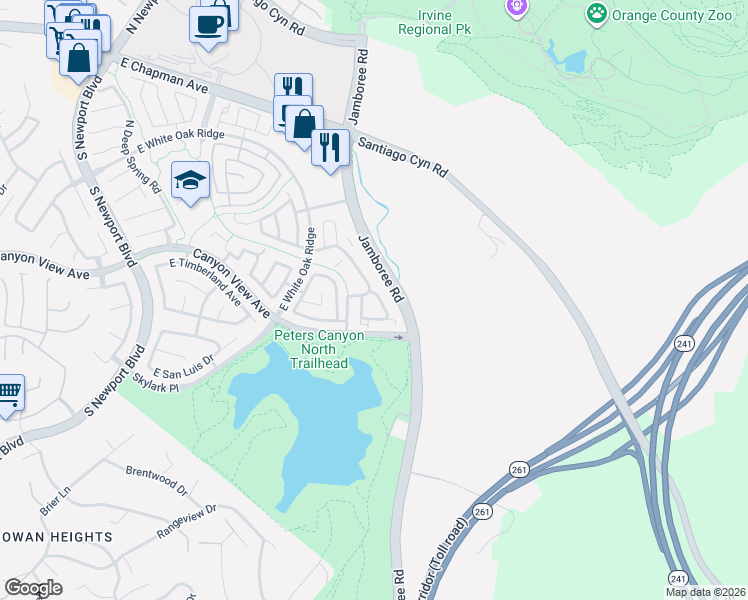 map of restaurants, bars, coffee shops, grocery stores, and more near 211 South Grisly Canyon Drive in Orange