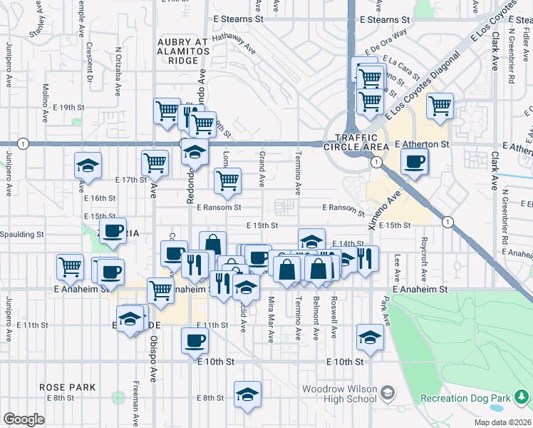 map of restaurants, bars, coffee shops, grocery stores, and more near 1534 Grand Avenue in Long Beach