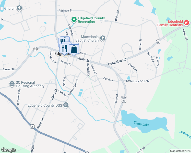 map of restaurants, bars, coffee shops, grocery stores, and more near 422 Mims Street in Edgefield