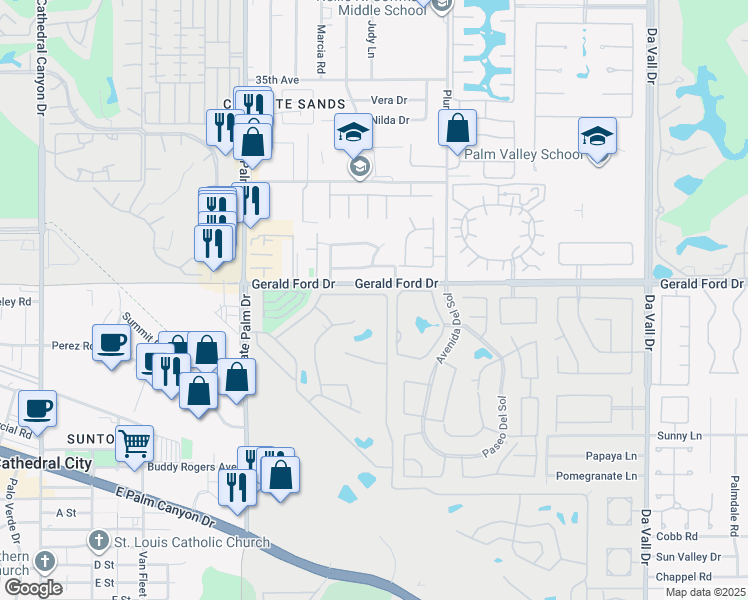 map of restaurants, bars, coffee shops, grocery stores, and more near 106 Vía Valverde in Cathedral City