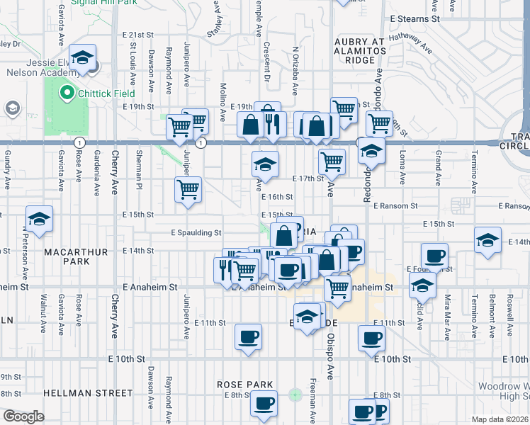 map of restaurants, bars, coffee shops, grocery stores, and more near 2811 East 15th Street in Long Beach