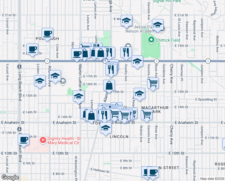 map of restaurants, bars, coffee shops, grocery stores, and more near in Long Beach