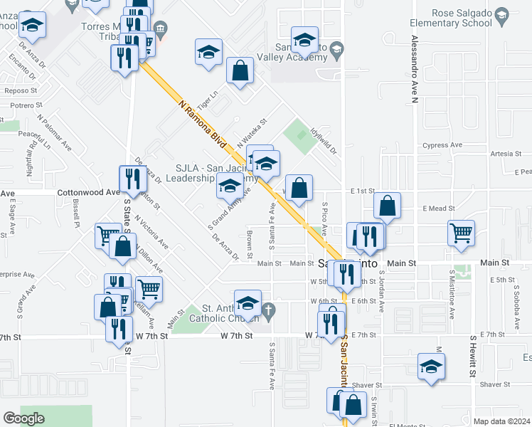 map of restaurants, bars, coffee shops, grocery stores, and more near 164 South Santa Fe Avenue in San Jacinto
