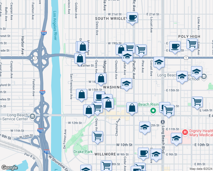 map of restaurants, bars, coffee shops, grocery stores, and more near 1500 Magnolia Avenue in Long Beach