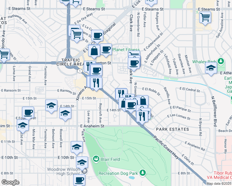 map of restaurants, bars, coffee shops, grocery stores, and more near 1510 Park Avenue in Long Beach