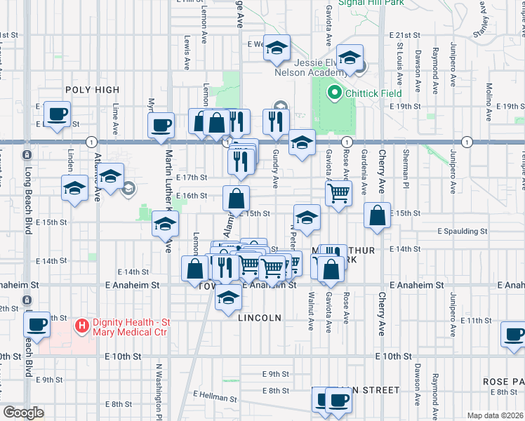map of restaurants, bars, coffee shops, grocery stores, and more near 1311 East 15th Street in Long Beach