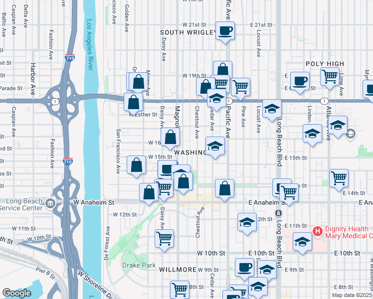 map of restaurants, bars, coffee shops, grocery stores, and more near 445 West 15th Street in Long Beach