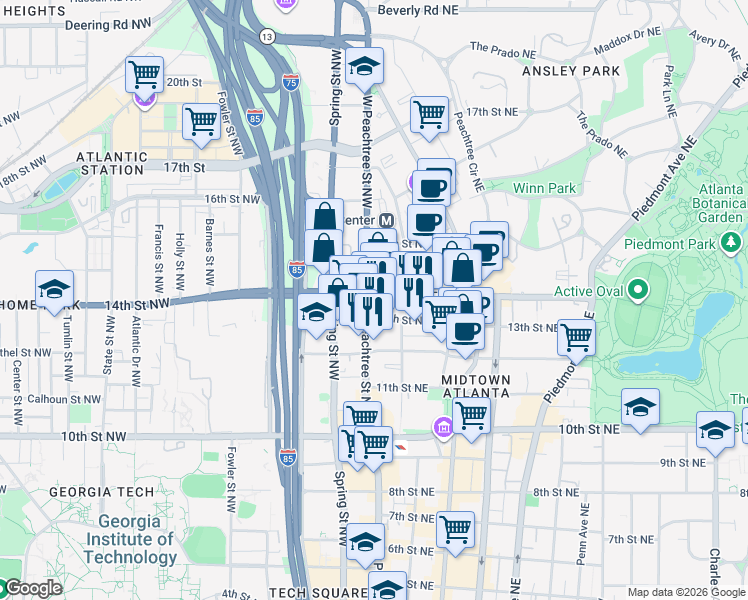 map of restaurants, bars, coffee shops, grocery stores, and more near 1163 West Peachtree Street Northeast in Atlanta