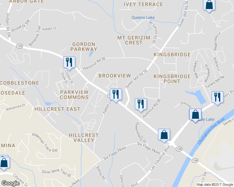 map of restaurants, bars, coffee shops, grocery stores, and more near 6925 Slate Stone Way Southeast in Mableton