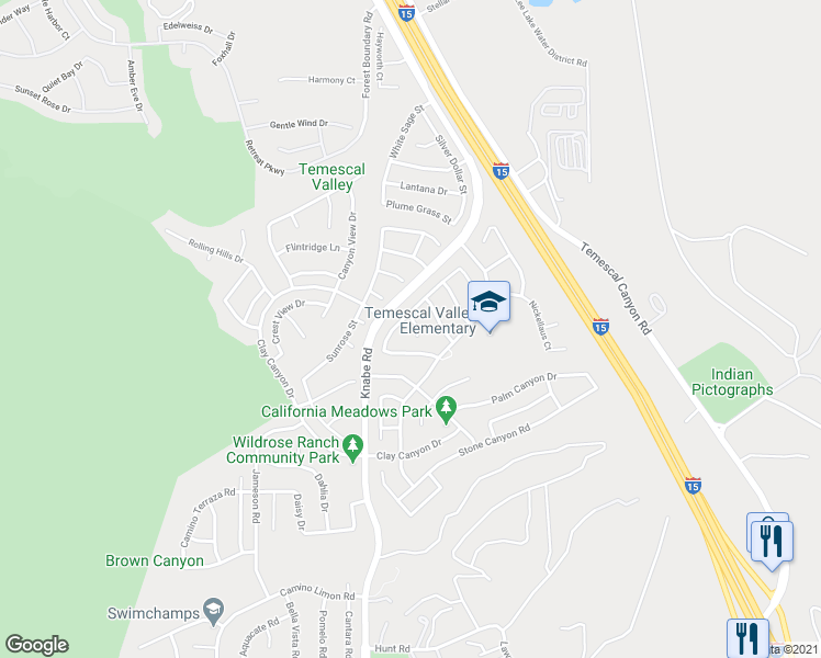 map of restaurants, bars, coffee shops, grocery stores, and more near 22959 Zinnia Circle in Corona