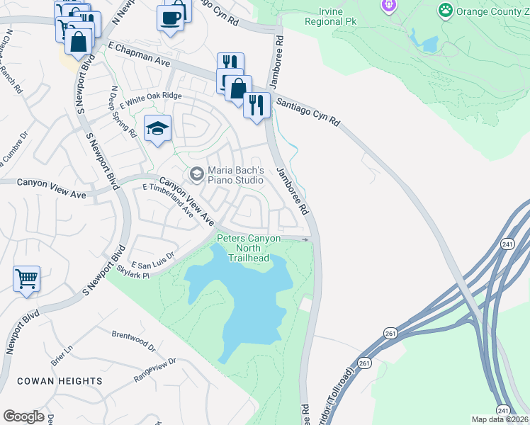 map of restaurants, bars, coffee shops, grocery stores, and more near 260 South Firenza Way in Orange