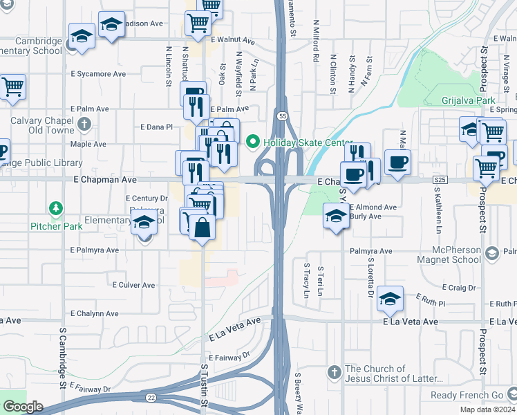 map of restaurants, bars, coffee shops, grocery stores, and more near 202 South Park Lane in Orange