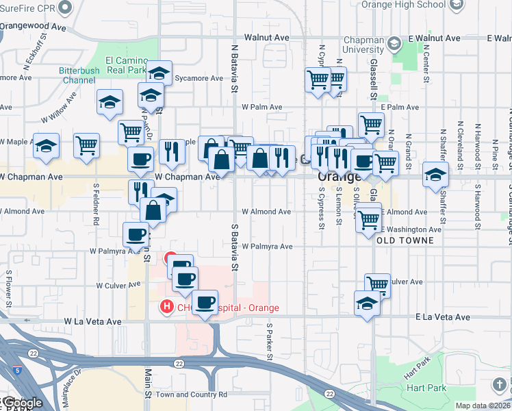 map of restaurants, bars, coffee shops, grocery stores, and more near 206 South Clark Street in Orange