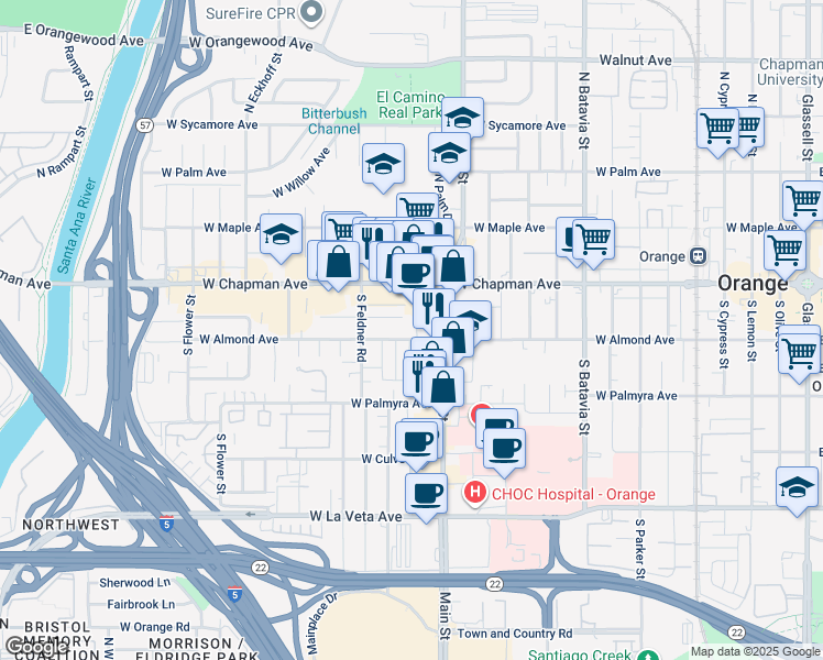 map of restaurants, bars, coffee shops, grocery stores, and more near 1455 West Almond Avenue in Orange