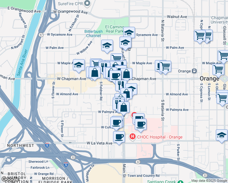 map of restaurants, bars, coffee shops, grocery stores, and more near 1455 West Almond Avenue in Orange