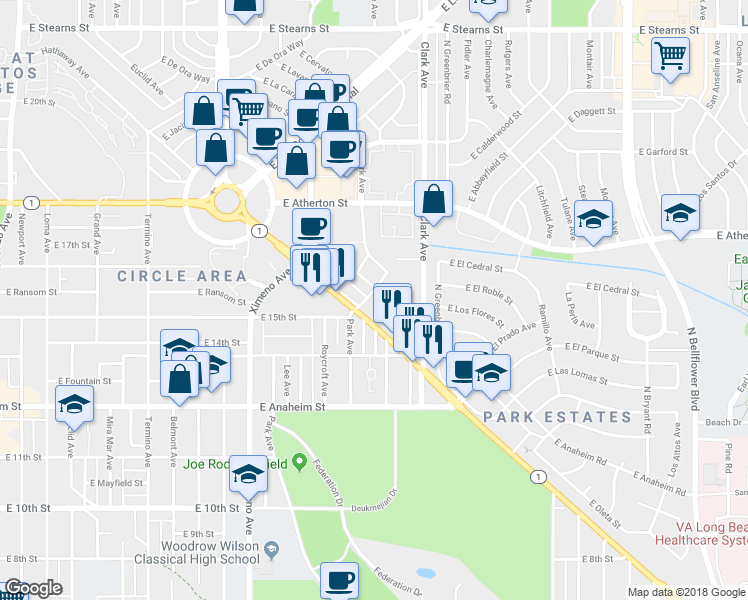 map of restaurants, bars, coffee shops, grocery stores, and more near 4835 Pacific Coast Highway in Long Beach
