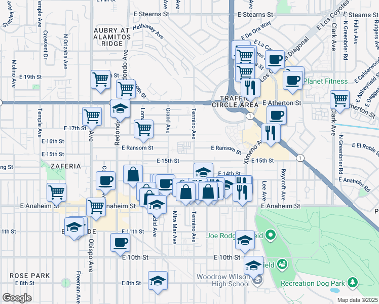 map of restaurants, bars, coffee shops, grocery stores, and more near 1501 Termino Avenue in Long Beach