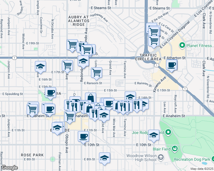 map of restaurants, bars, coffee shops, grocery stores, and more near 3705 East 15th Street in Long Beach