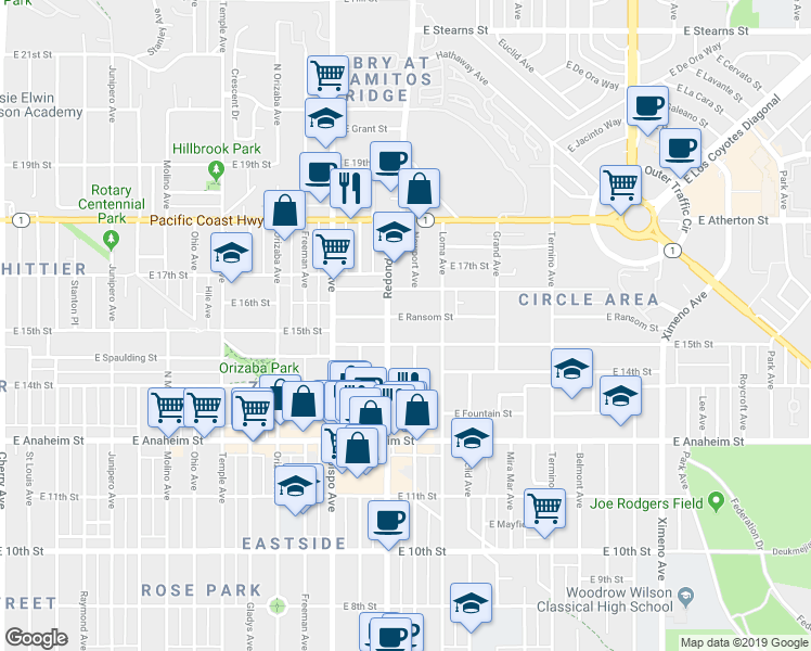 map of restaurants, bars, coffee shops, grocery stores, and more near 3403 East 15th Street in Long Beach