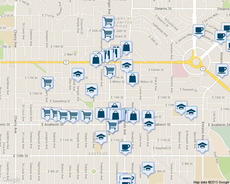 map of restaurants, bars, coffee shops, grocery stores, and more near 3249 East 15th Street in Long Beach