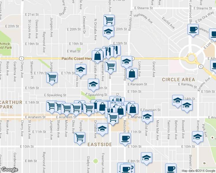 map of restaurants, bars, coffee shops, grocery stores, and more near 1485 Obispo Avenue in Long Beach