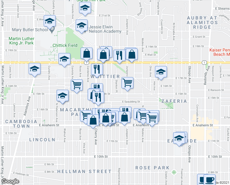 map of restaurants, bars, coffee shops, grocery stores, and more near 2204 East 15th Street in Long Beach
