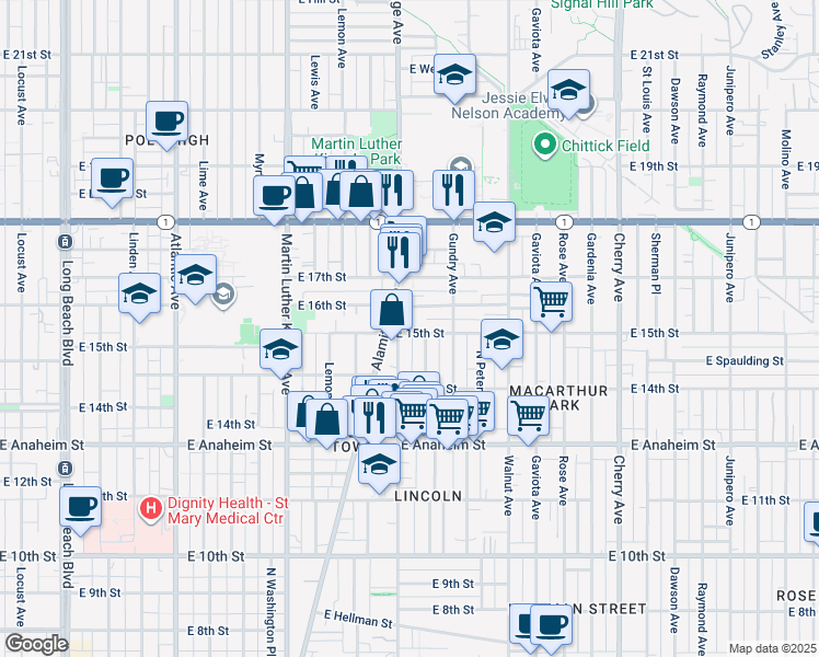 map of restaurants, bars, coffee shops, grocery stores, and more near 1480 Orange Avenue in Long Beach