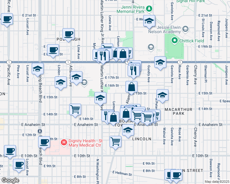 map of restaurants, bars, coffee shops, grocery stores, and more near 1490 Lemon Avenue in Long Beach